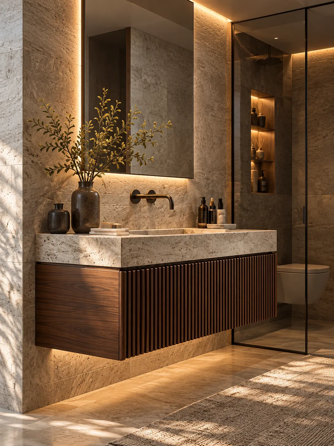 Ceviz ve taş ile banyo mobilyası